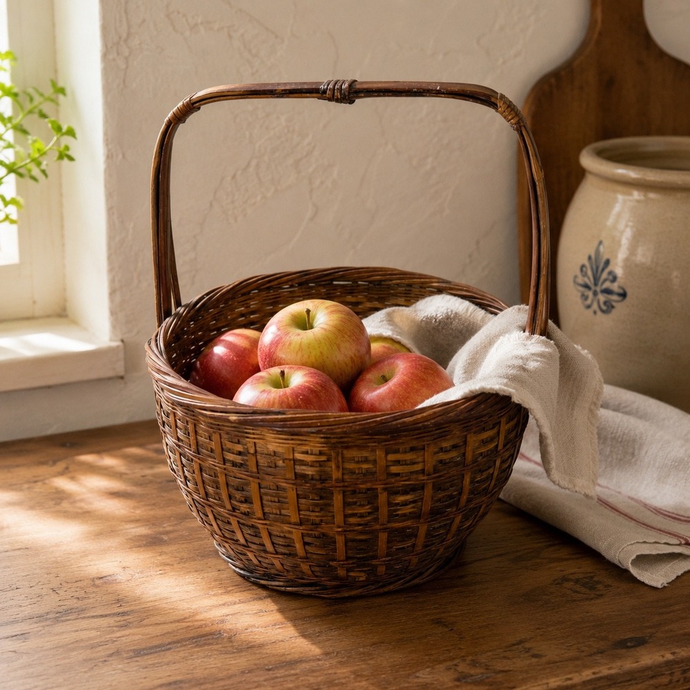 Vintage Woven Bamboo Gathering Basket with Handle Brown Rustic Farmhouse Decor